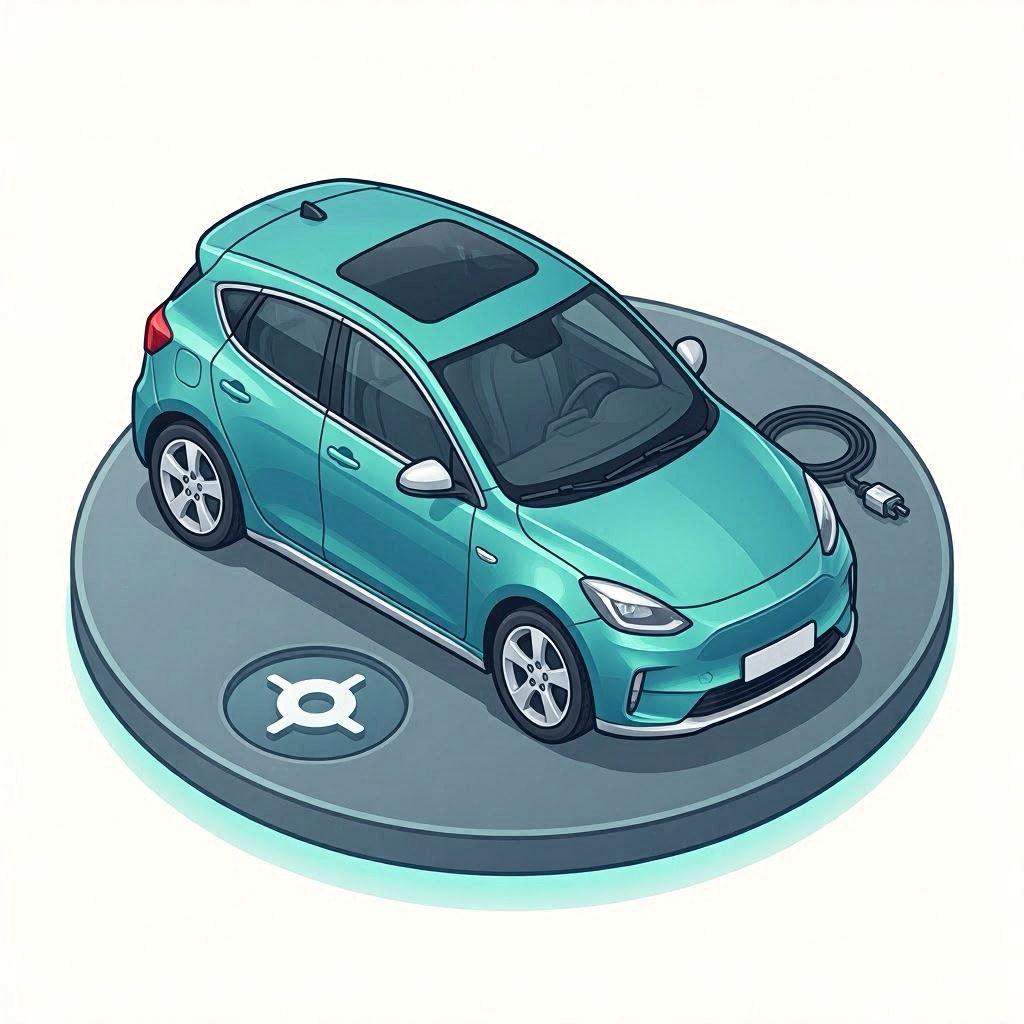 A modern electric hatchback shown from a slightly tilted top-down isometric angle, vector-rendered with smooth aerodynamic curves, cool teal and silver color scheme, set on a stylized charging station pad icon.