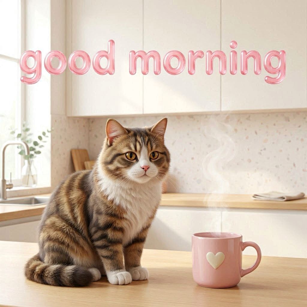 A stylized 3D render of a fluffy brown-and-white cat next to a steaming pink mug with a heart emblem, “GOOD MORNING” floating in glossy bubble letters, bright minimalist kitchen backdrop, high-key lighting, rendered in Unreal Engine with realistic fur textures.