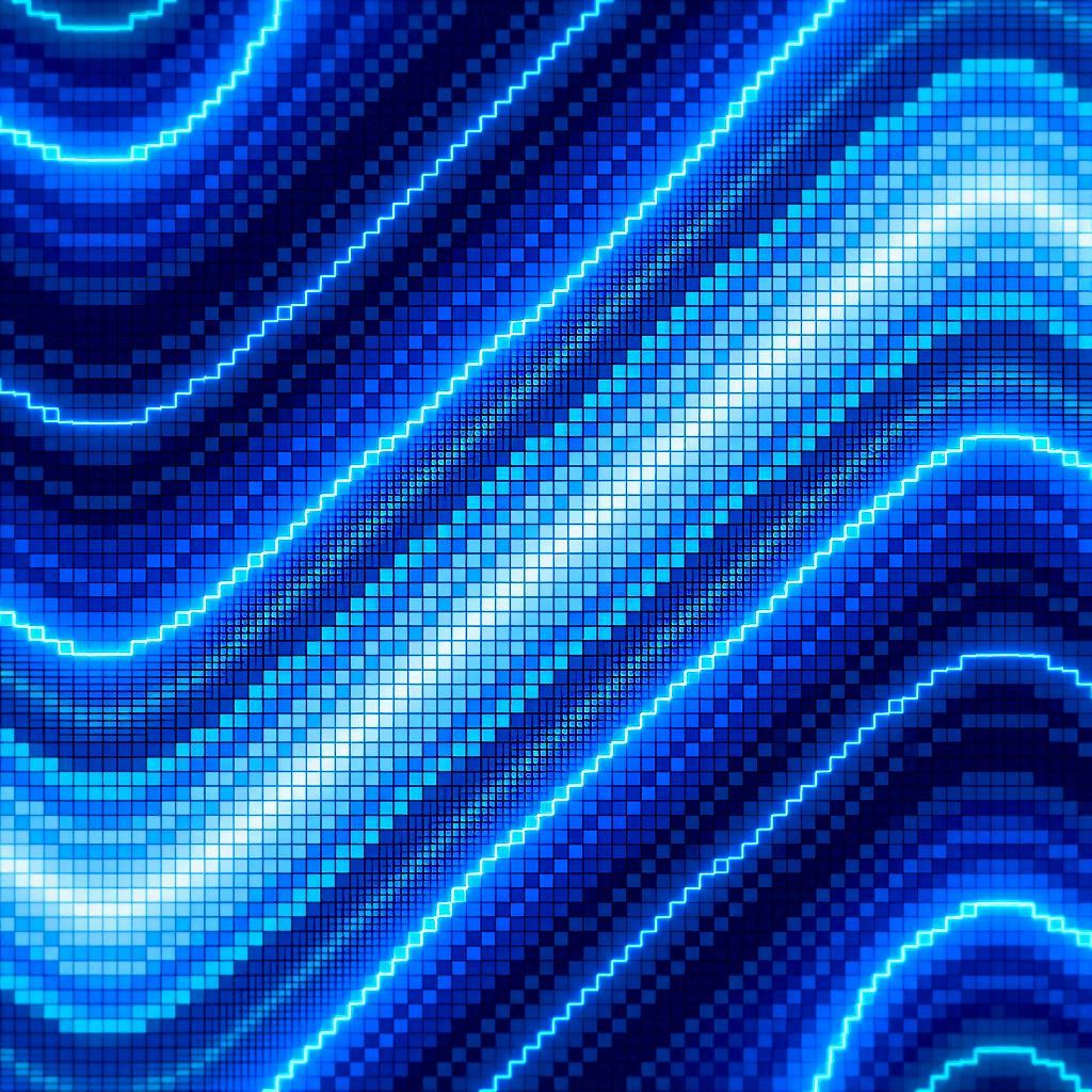 An abstract optical illusion pixel art depicting moiré wave patterns rippling across the canvas, created with precise blocky gradients in monochromatic blues, illuminated by simulated neon rim lighting, captured as if through a 50mm lens with shallow depth of field.