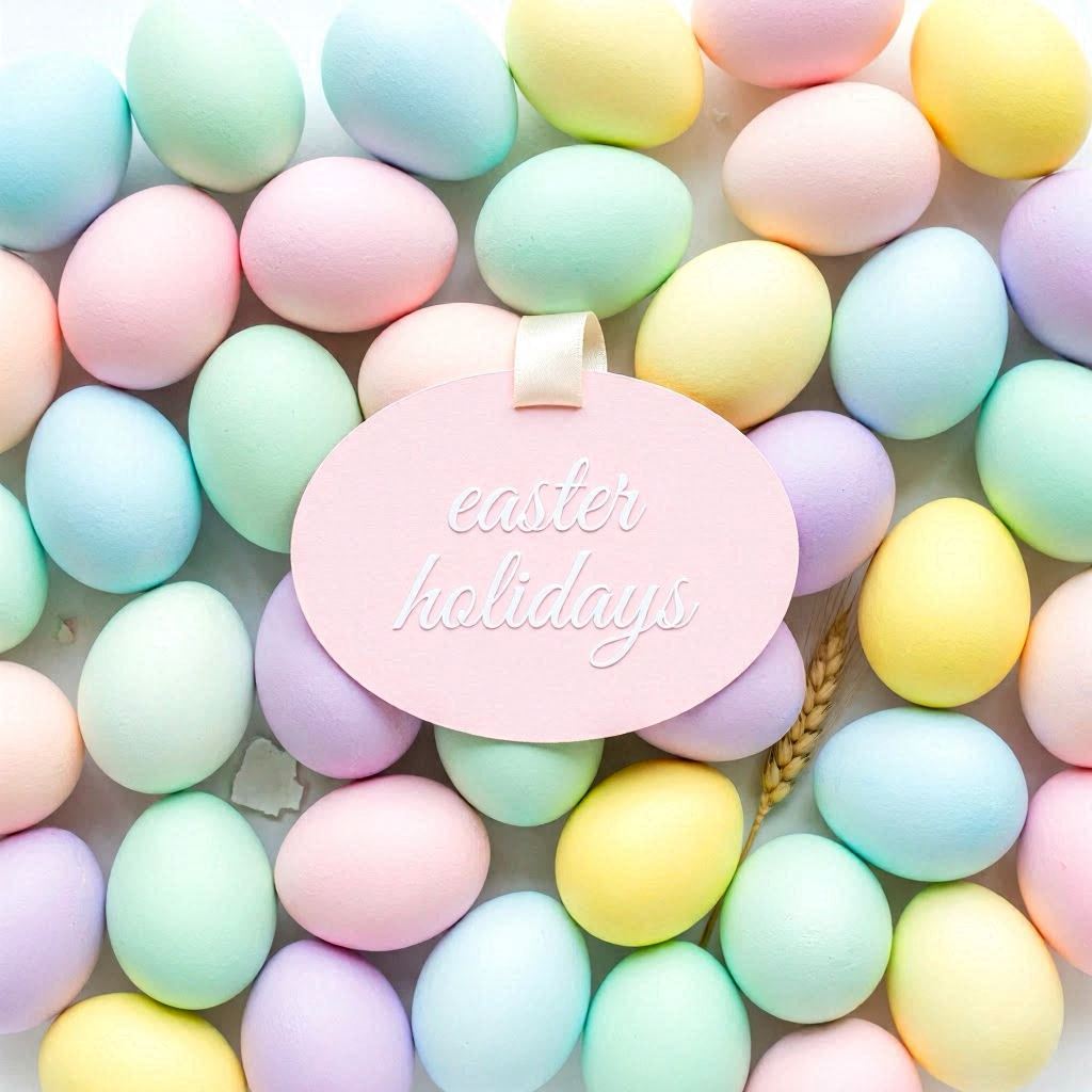 Scattered pastel-colored Easter eggs forming a cheerful holiday backdrop, centered pink label reading 'Easter Holidays' in elegant script, soft diffused lighting, harmonious pastel color theory, top-down studio photography with crisp focus.