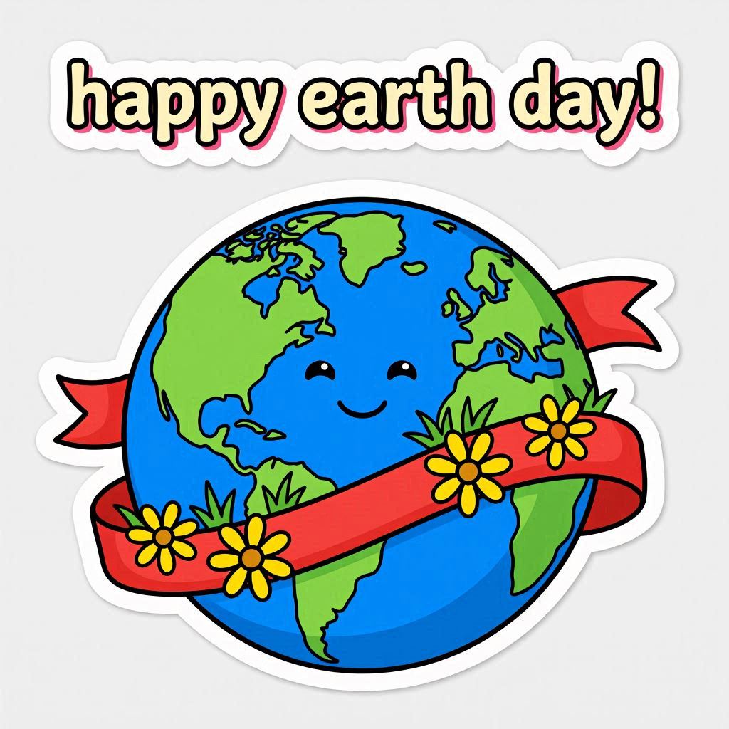 A cheerful cartoon Earth with bright blue oceans and vivid green continents, wrapped in a flowing red ribbon adorned with yellow daisies and grass-like accents, 'HAPPY EARTH DAY!' in bold bubble letters above, high-contrast colors, outlined vector art perfect for stickers or posters.