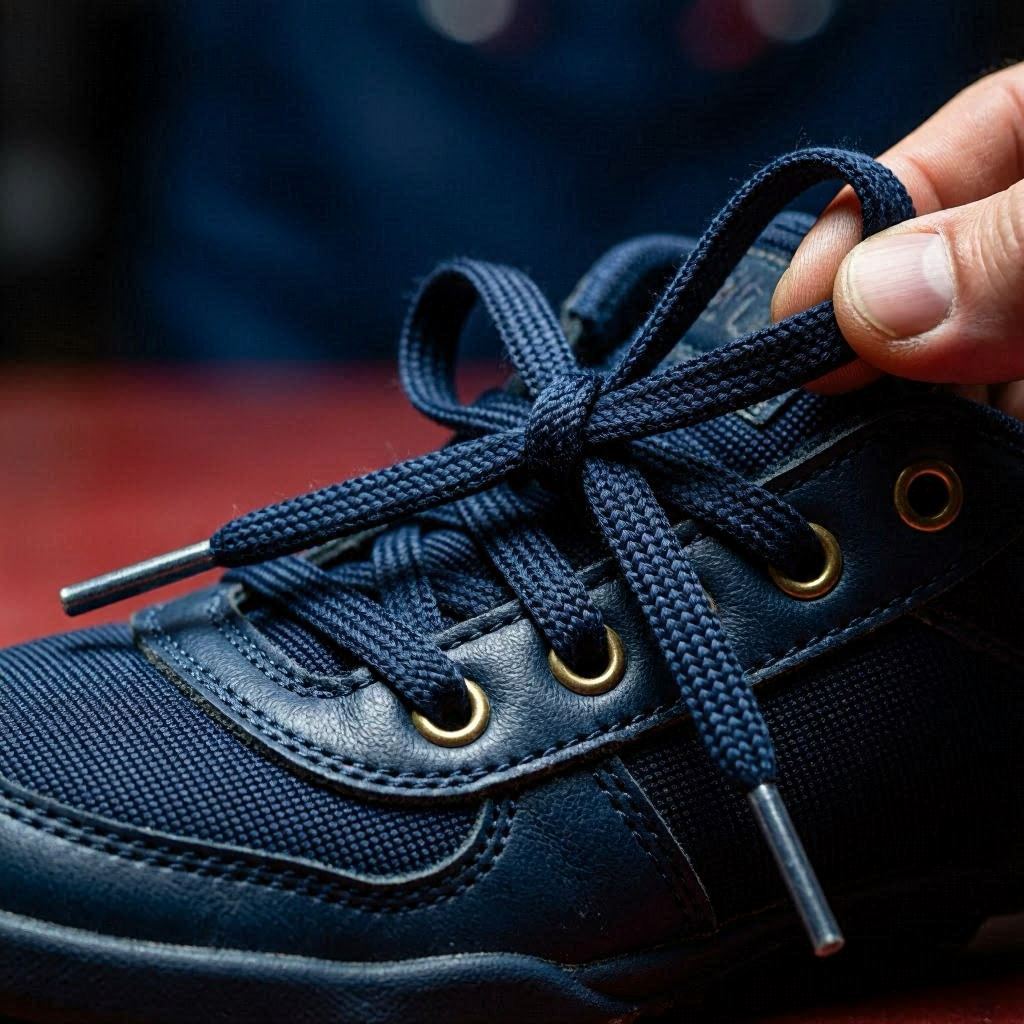 Extreme close-up of wrestling shoe laces being tied, showing detailed fabric weave and stitching, soft side lighting creating gentle shadows, monochromatic navy and red palette, macro photography with 100mm lens, f/2.8 aperture for creamy bokeh.