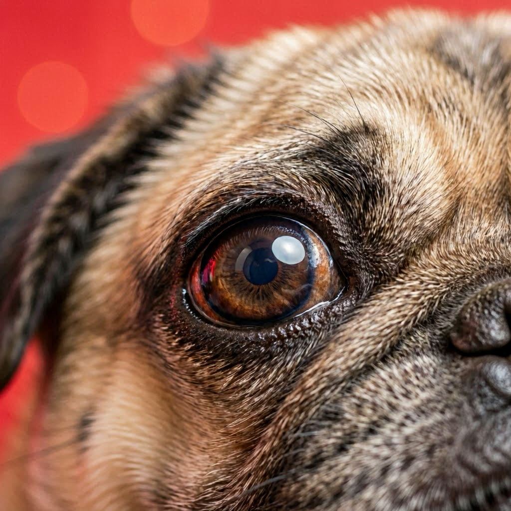 An extreme macro close-up of a pug dog’s eye reflecting a soft red background, intricate fur texture visible around the eyelid, shallow depth of field with dreamy bokeh, shot using a 100mm macro lens at f/2.8 for intimate detail.